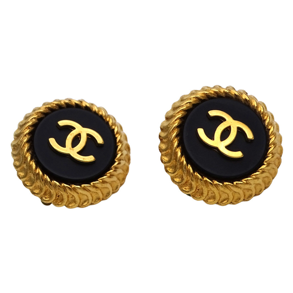 Chanel earrings for women, brand name, metal, round, gold, black, with Coco M...